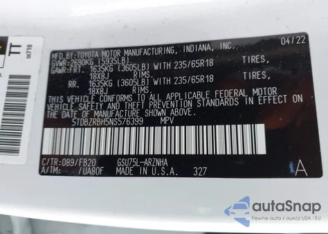 2022 Toyota Highlander Le из США, поврежденный, VIN 5TDBZRBH5NS576399